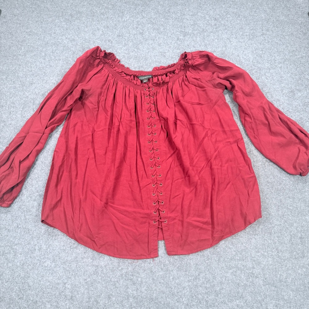 Rock & Republic Red Peasant Top XL Off Shoulder Lace Up Long Sleeve Blouse